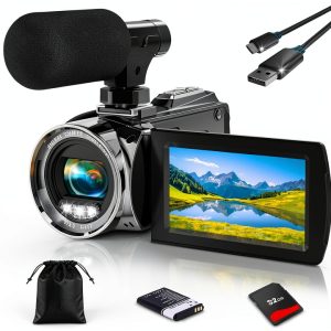 4K Video Camera Camcorder UHD 36MP Vlogging Camera for YouTube 18x Digital Zoom 3" 270° Rotation IPS Screen Video Camcorder with Fill Light, Mic, 32GB Card, Battery-0