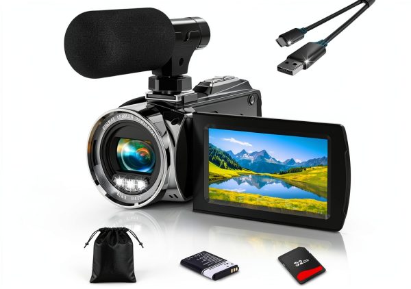 4K Video Camera Camcorder UHD 36MP Vlogging Camera for YouTube 18x Digital Zoom 3" 270° Rotation IPS Screen Video Camcorder with Fill Light, Mic, 32GB Card, Battery-0