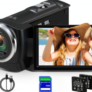 2.7K Video Camera Camcorder QHD 56MP YouTube Vlogging Camera Webcam 16X Digital Zoom with 32G SD Card 270 Degree Rotation Screen Camcorders and 2 Batteries Recording While Charging-0