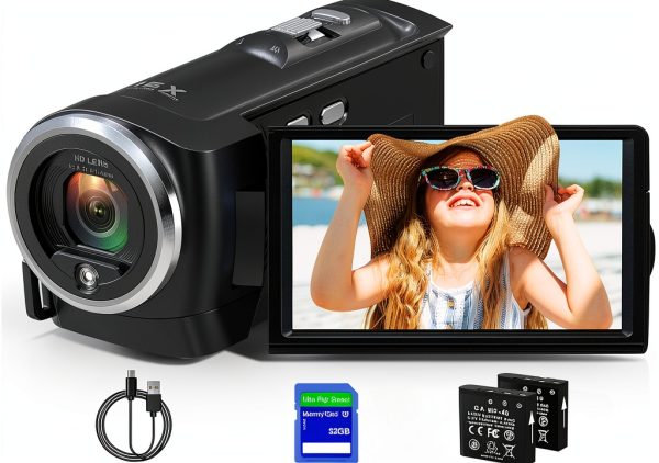 2.7K Video Camera Camcorder QHD 56MP YouTube Vlogging Camera Webcam 16X Digital Zoom with 32G SD Card 270 Degree Rotation Screen Camcorders and 2 Batteries Recording While Charging-0