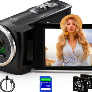 Camcorder Video Camera QHD 2.7K 56MP 16X Digital Zoom Vlogging Camera with LED Fill Light for YouTube, 2.8 Inch 270 Degree Rotation LCD Screen Camcorder with 32GB SD Card and Two Batteries-0