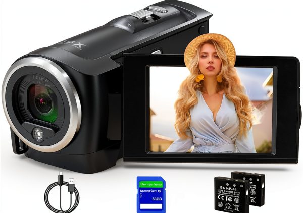 Camcorder Video Camera QHD 2.7K 56MP 16X Digital Zoom Vlogging Camera with LED Fill Light for YouTube, 2.8 Inch 270 Degree Rotation LCD Screen Camcorder with 32GB SD Card and Two Batteries-0