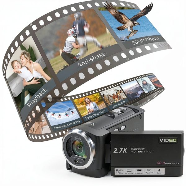 2.7K Video Camera Camcorder QHD 56MP YouTube Vlogging Camera Webcam 16X Digital Zoom with 32G SD Card 270 Degree Rotation Screen Camcorders and 2 Batteries Recording While Charging-4